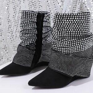 Black and Silver Studded Rhinestones Women's Ankle Boots